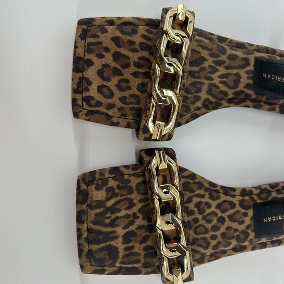 Good American Leopard Print Ankle Strap Sandals with Gold Chain Detail Size 9.5 - Picture 4 of 10